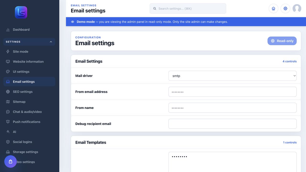 LaraSocial admin email settings for SMTP and templates