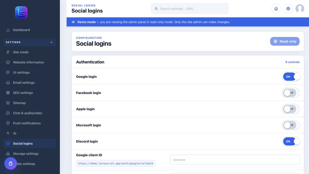 LaraSocial admin social login provider settings