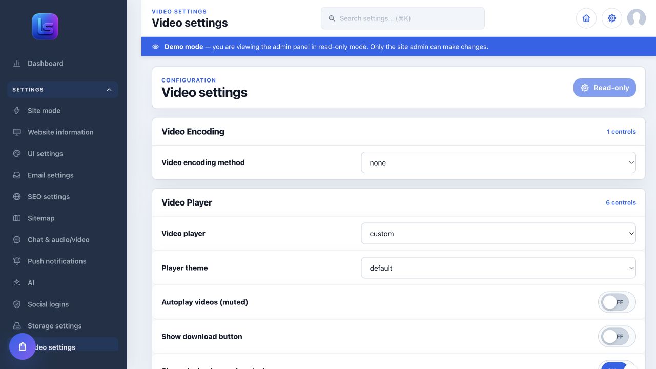 LaraSocial admin video settings for encoding and player controls