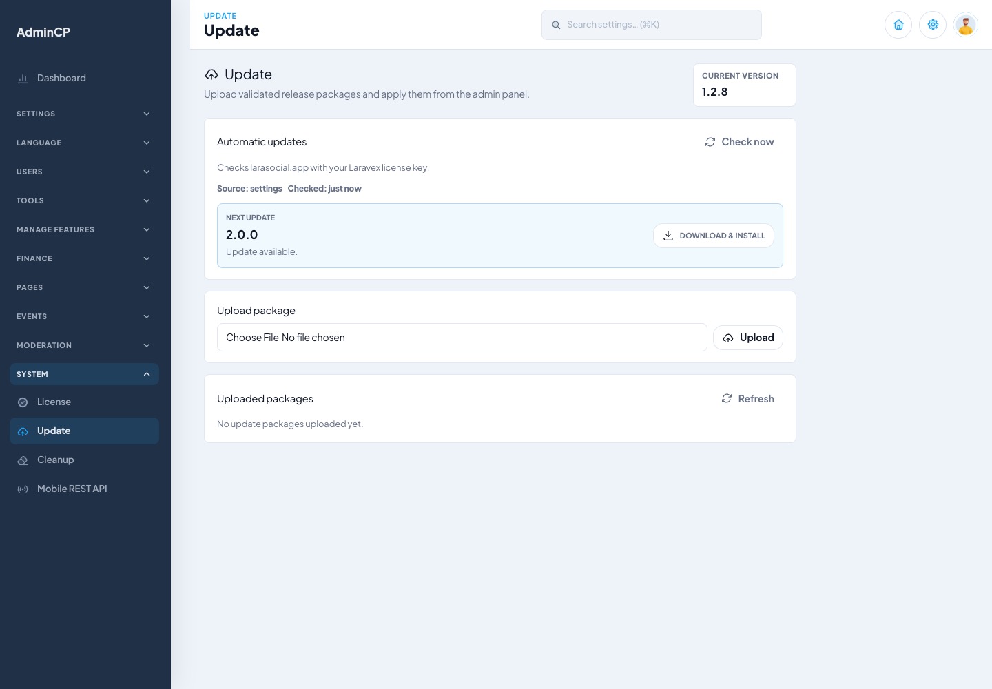 LaraSocial admin update center for automatic updates and package uploads