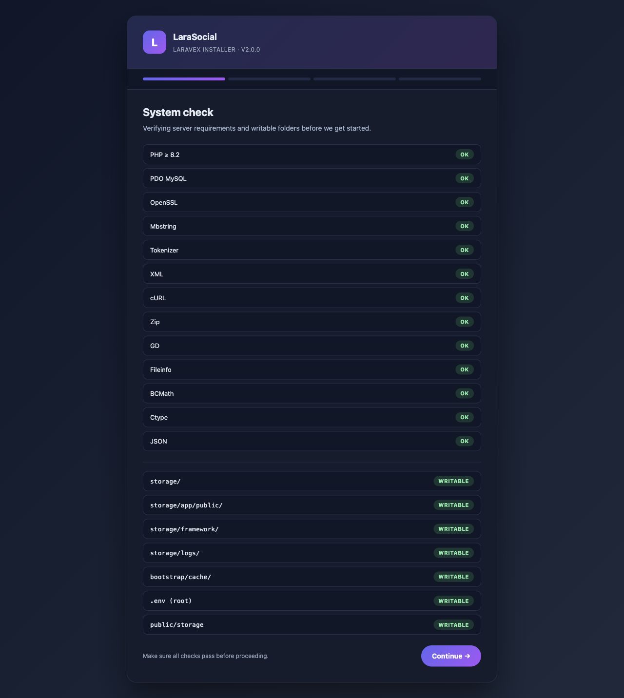 LaraSocial installer system check page