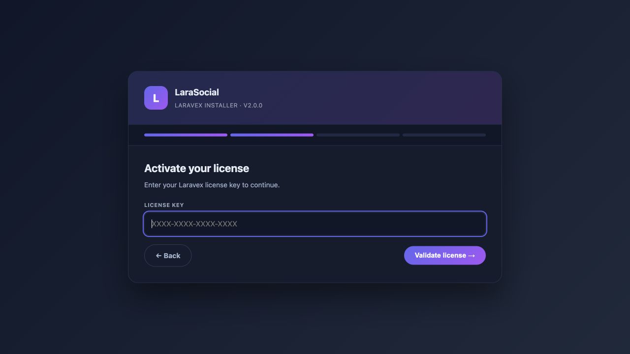 LaraSocial installer license activation screen