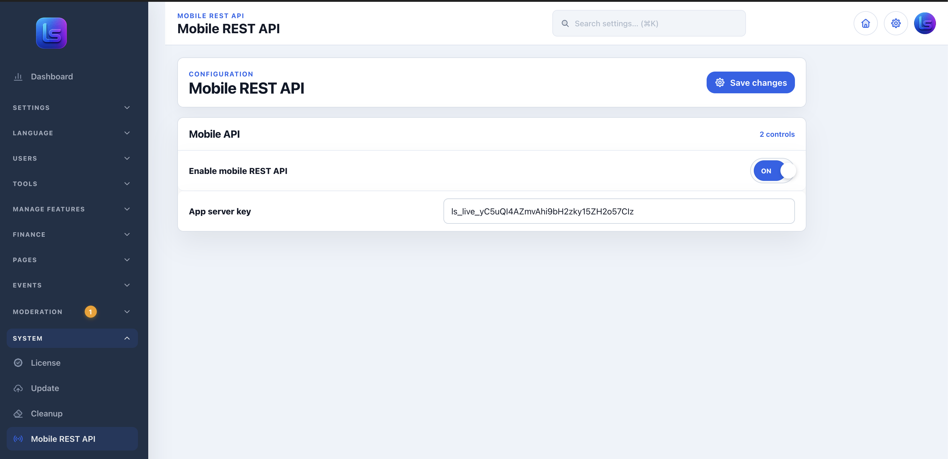 LaraSocial Mobile REST API admin settings with enable toggle and app server key