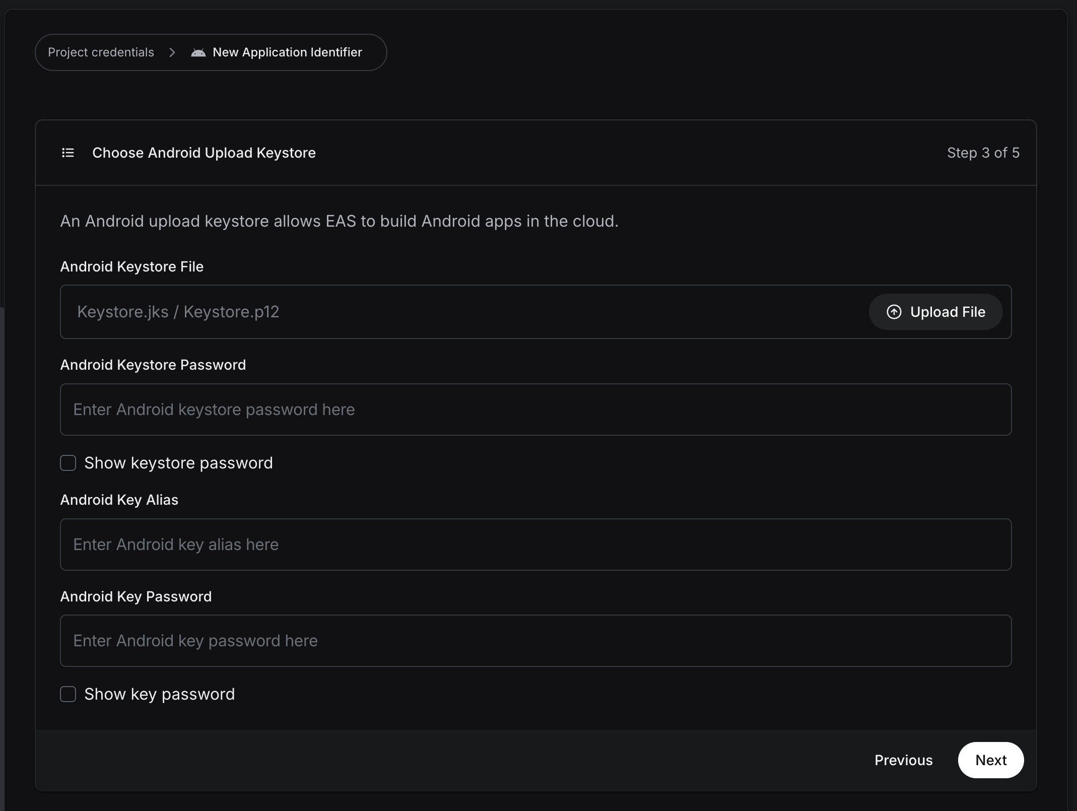 EAS Android upload keystore screen