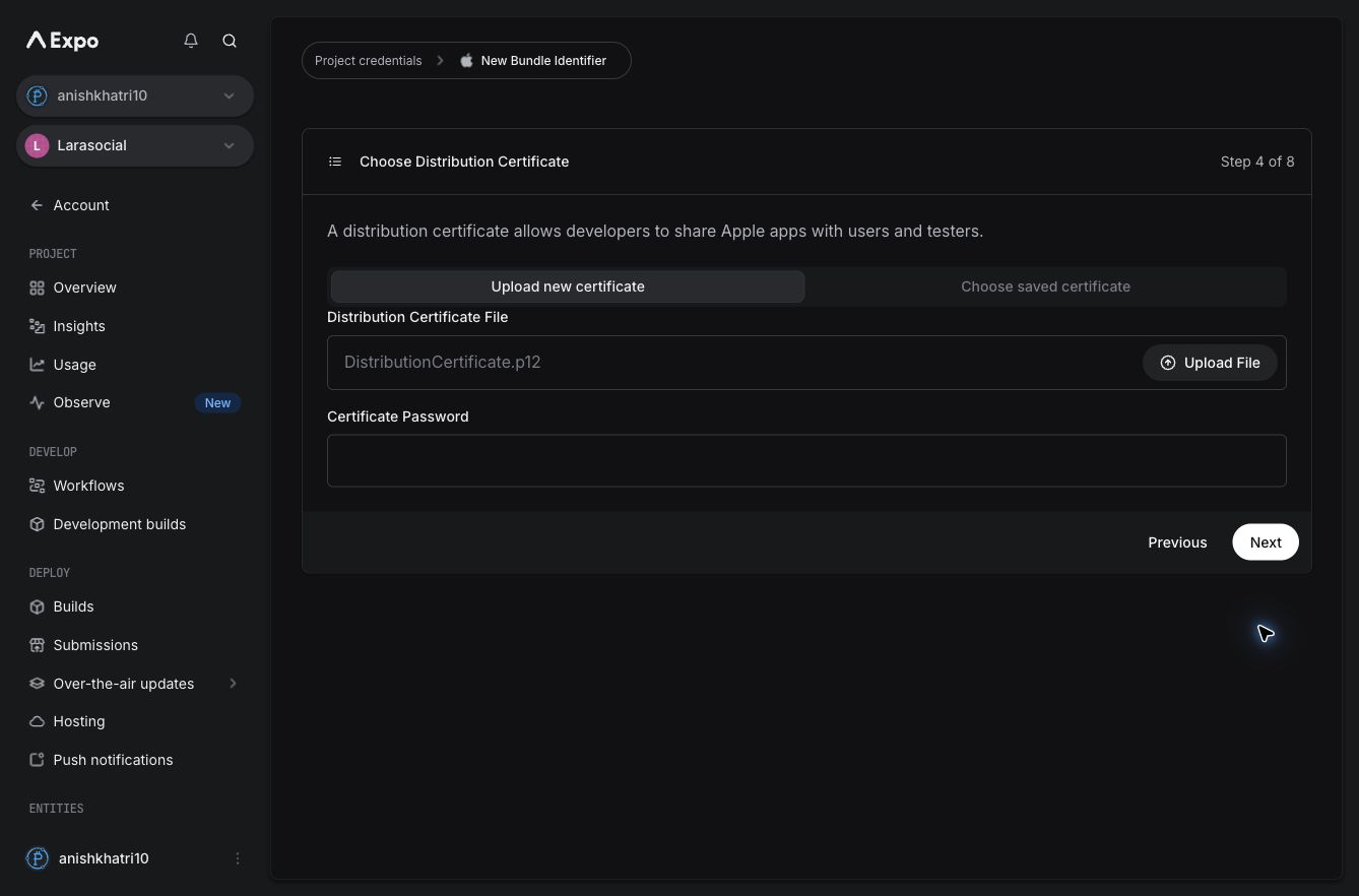 EAS iOS distribution certificate upload step