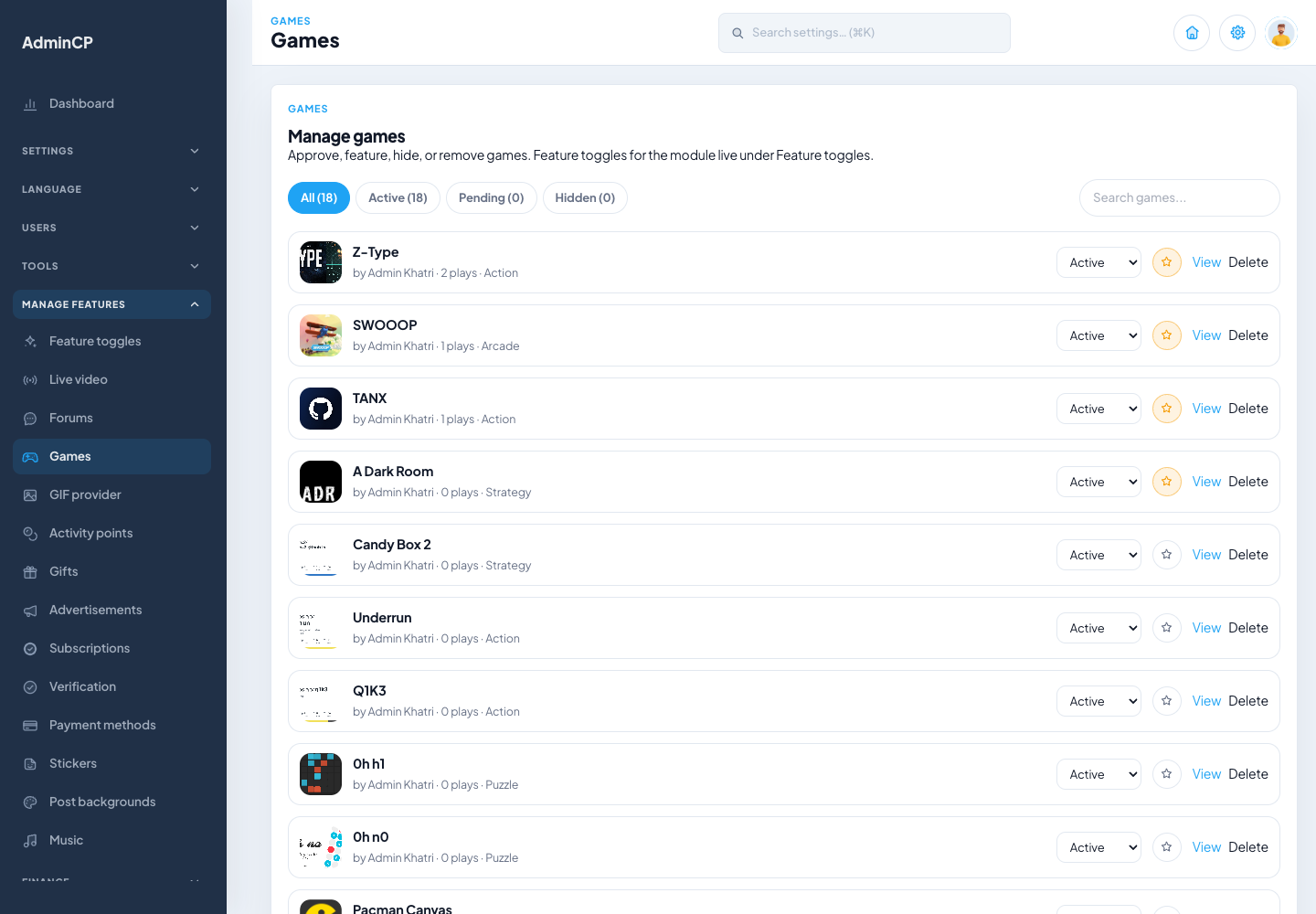 Admin games manager