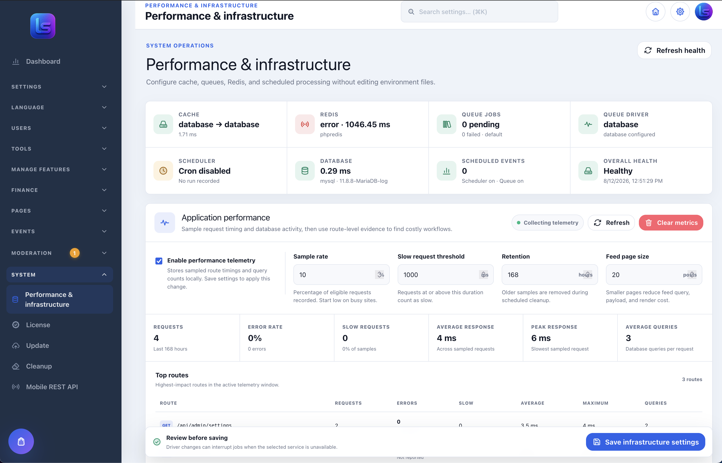 LaraSocial performance and infrastructure settings