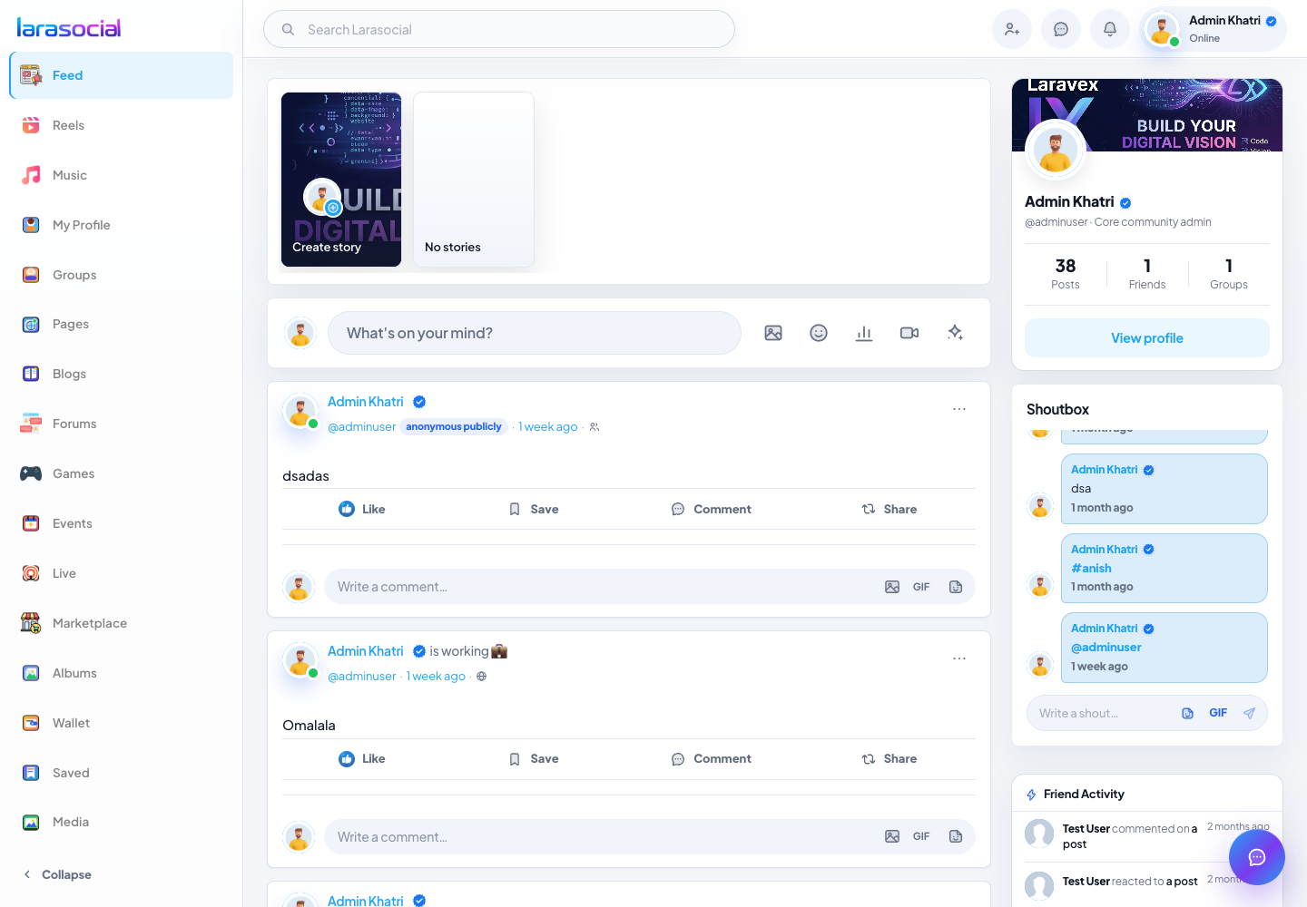 LaraSocial feed with composer and stories