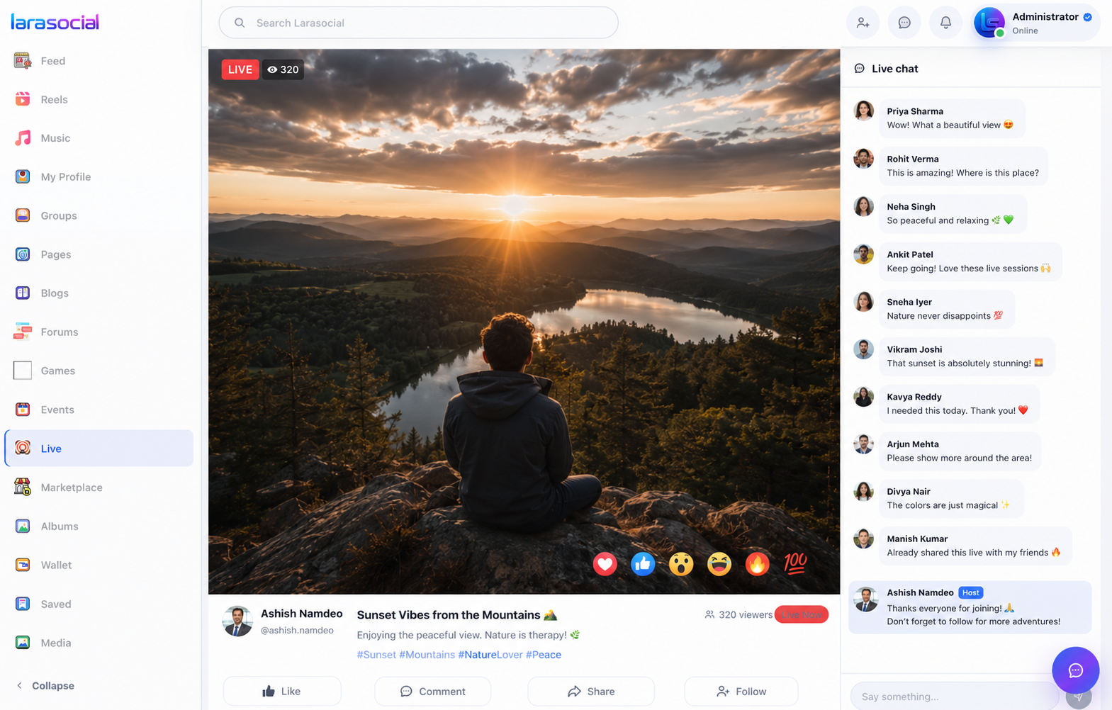 LaraSocial live video room with chat and reactions