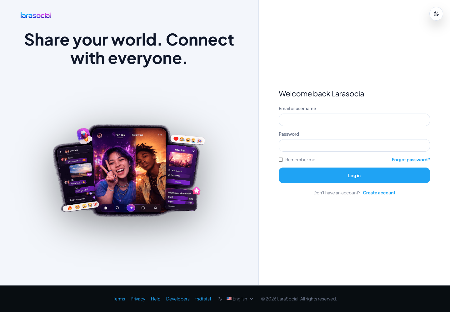 LaraSocial login screen